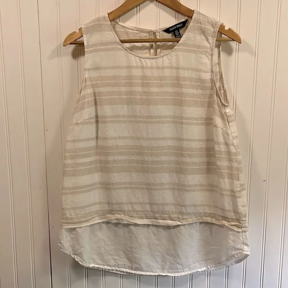 Ellen Tracy women’s cream and white striped linen tank nautical Beachy size M